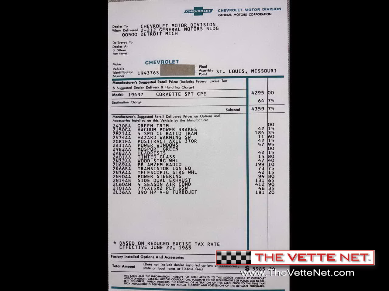 TheVetteNet.com - 1966 Corvette Coupe 427 Mosport 16 Options